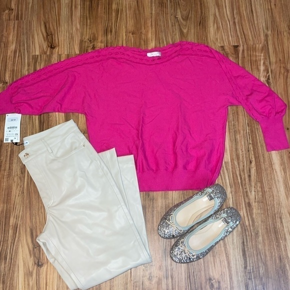 Milly women’s Large top sweater hot pink diamond cutout dolman knit 3/4 sleeve - Picture 2 of 8